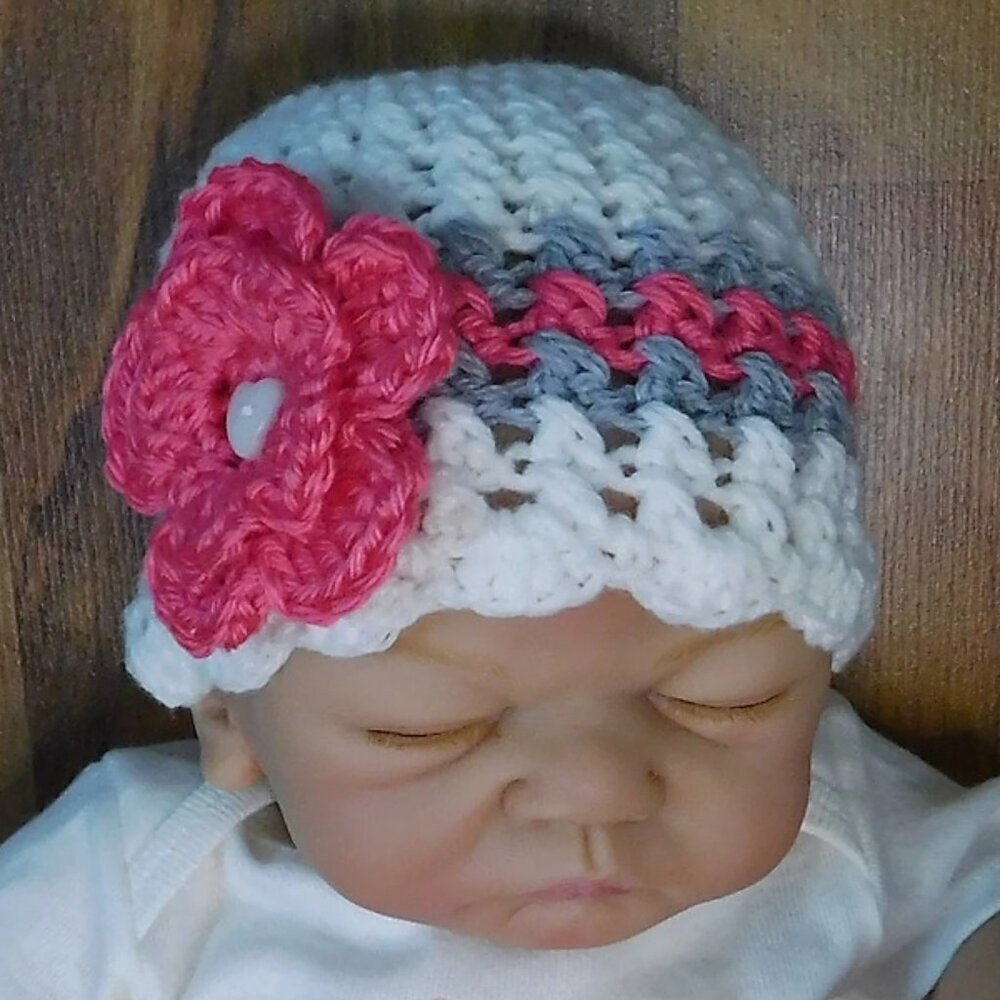 Crochet Baby Hat, Handmade Baby Hat, Infant Hat, Baby Shower Gift, Flower Hat - Picture 2 of 4